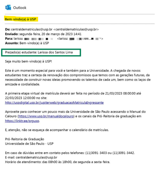 E-mail oficial da Reitoria da USP para Larissa